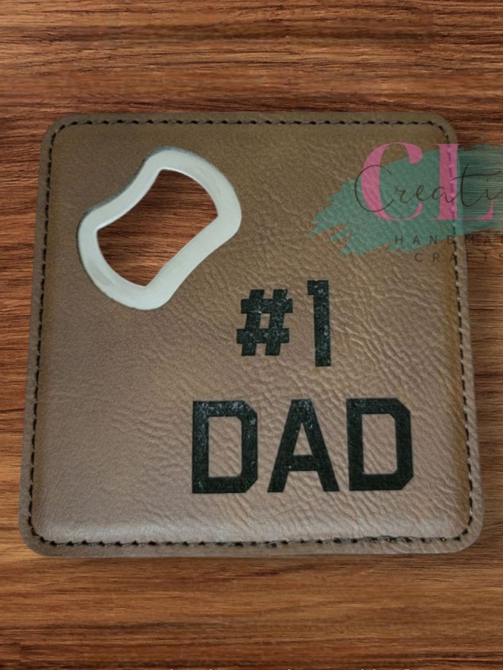 #1 DAD Brown Leatherette Bottle Opener Coaster